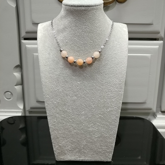 Peach Aventurine Necklace Natural Gemstone Beads Stainless-Steel Chain 20" - Picture 3 of 13